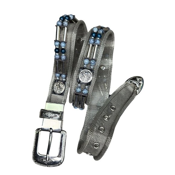 Handcrafted Silver Metal Mesh Belt With Ornate Buckle & Blue Beads Size M - Picture 2 of 12